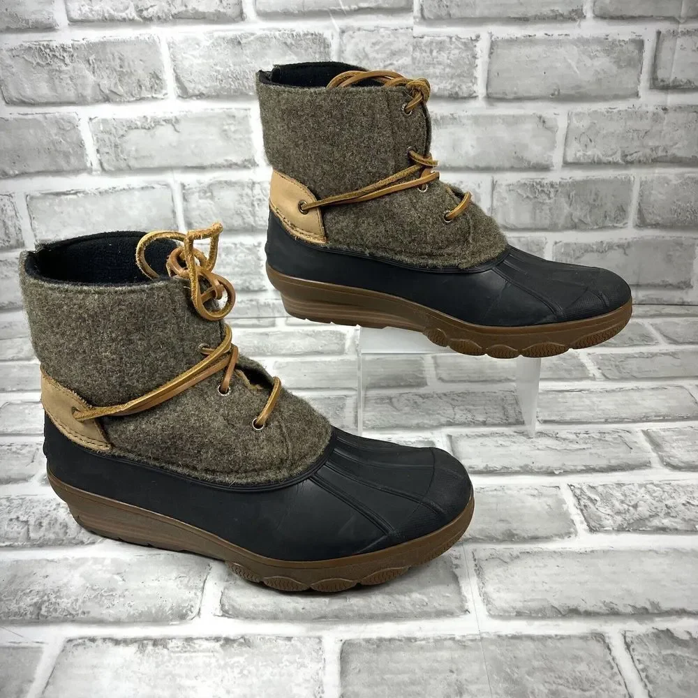 Sperry Black Rubber & Olive Wool Waterproof Winter Boots with Brown Trim